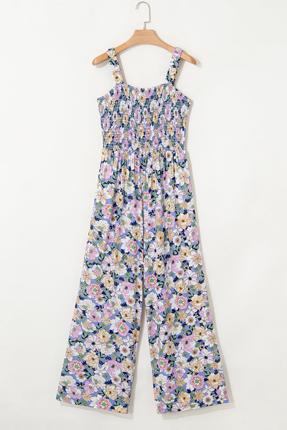 Purple Floral Square Neckline Stretch High Waist Jumpsuit - HieuLuxe