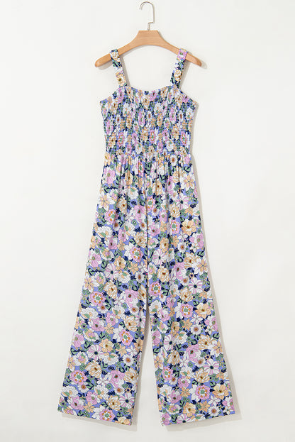 Purple Floral Square Neckline Stretch High Waist Jumpsuit - HieuLuxe