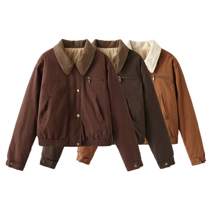 Women's Casual Contrast Color Neckline Bomber Puffer Jacket