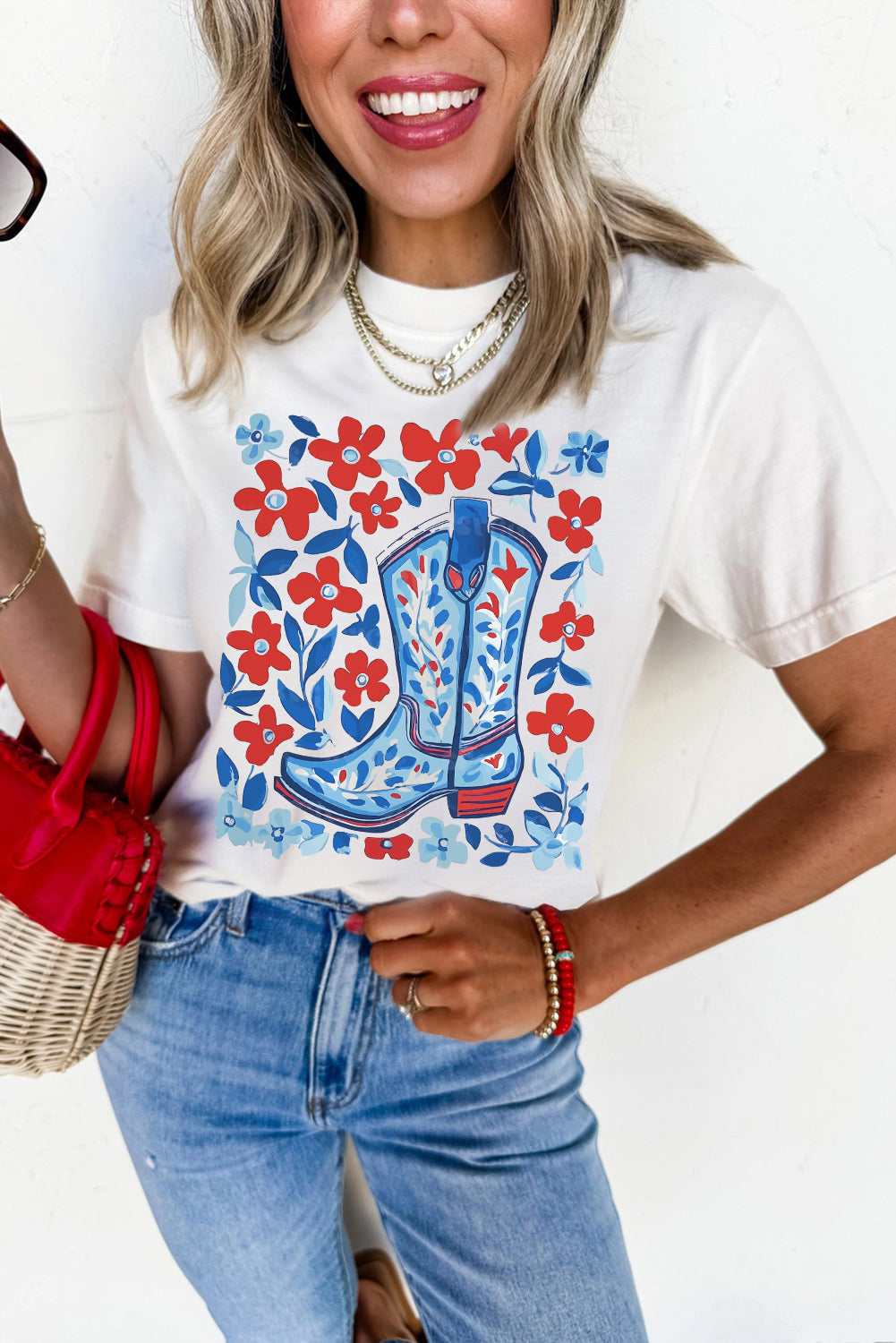 White Floral Western Boots Printed Cotton Blend T Shirt - HieuLuxe