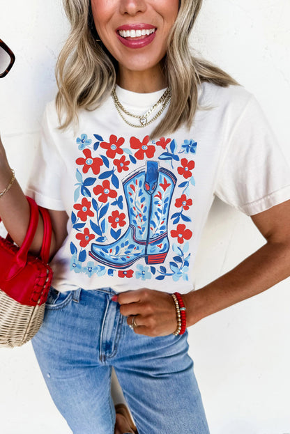 White Floral Western Boots Printed Cotton Blend T Shirt - HieuLuxe