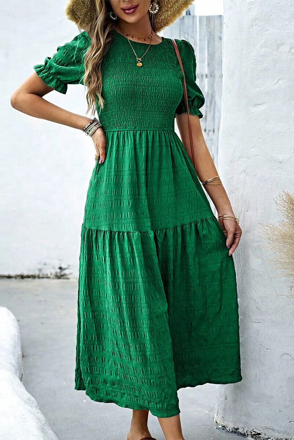 Dark Green Solid Textured Shirred High Waist Midi Dress - HieuLuxe