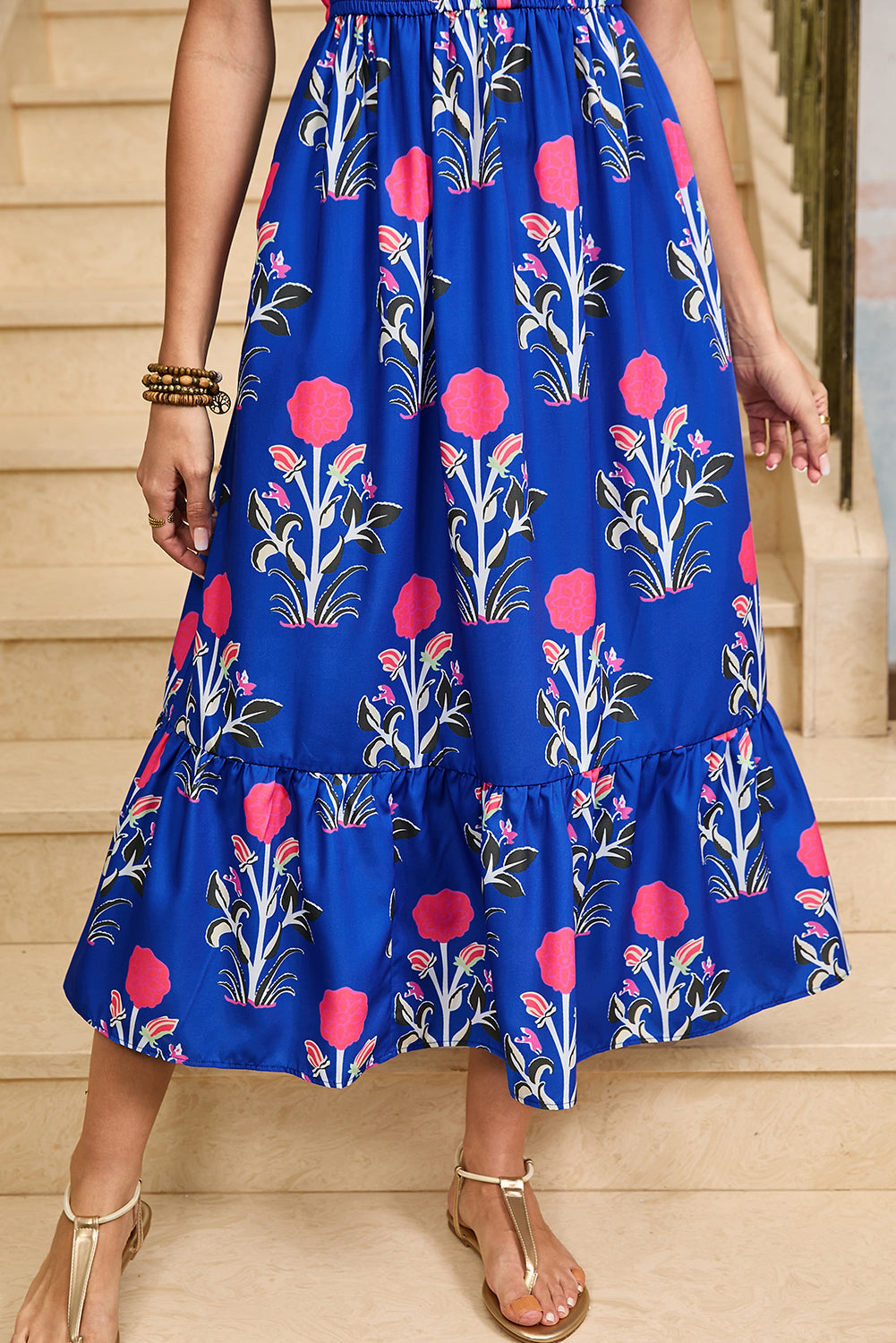 Sky Blue Floral Ruffle Hem Pop of Color Neckline Dress - HieuLuxe