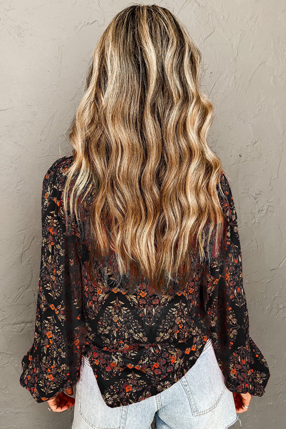 Black Floral Print Collared Button Up Puff Sleeve Shirt - HieuLuxe