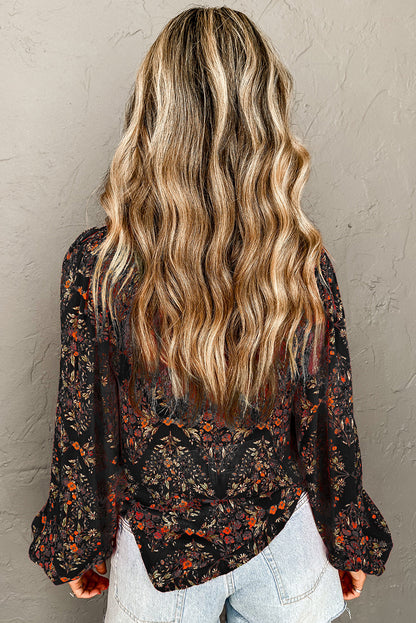 Black Floral Print Collared Button Up Puff Sleeve Shirt - HieuLuxe