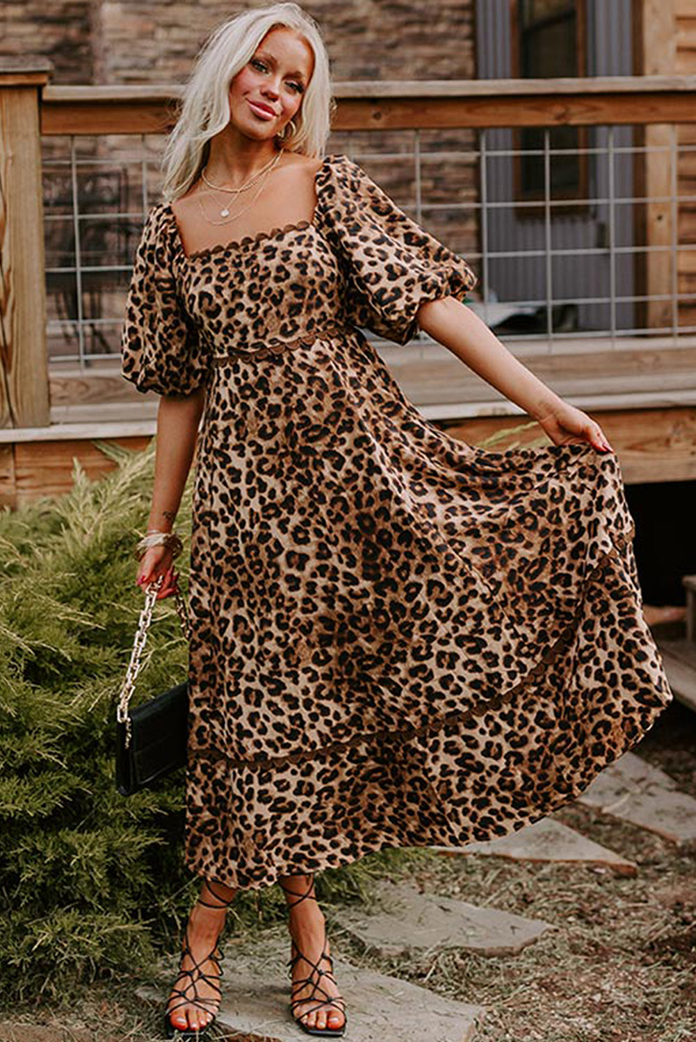 Brown Leopard Print Puff Sleeve Ricrac Maxi Dress - HieuLuxe