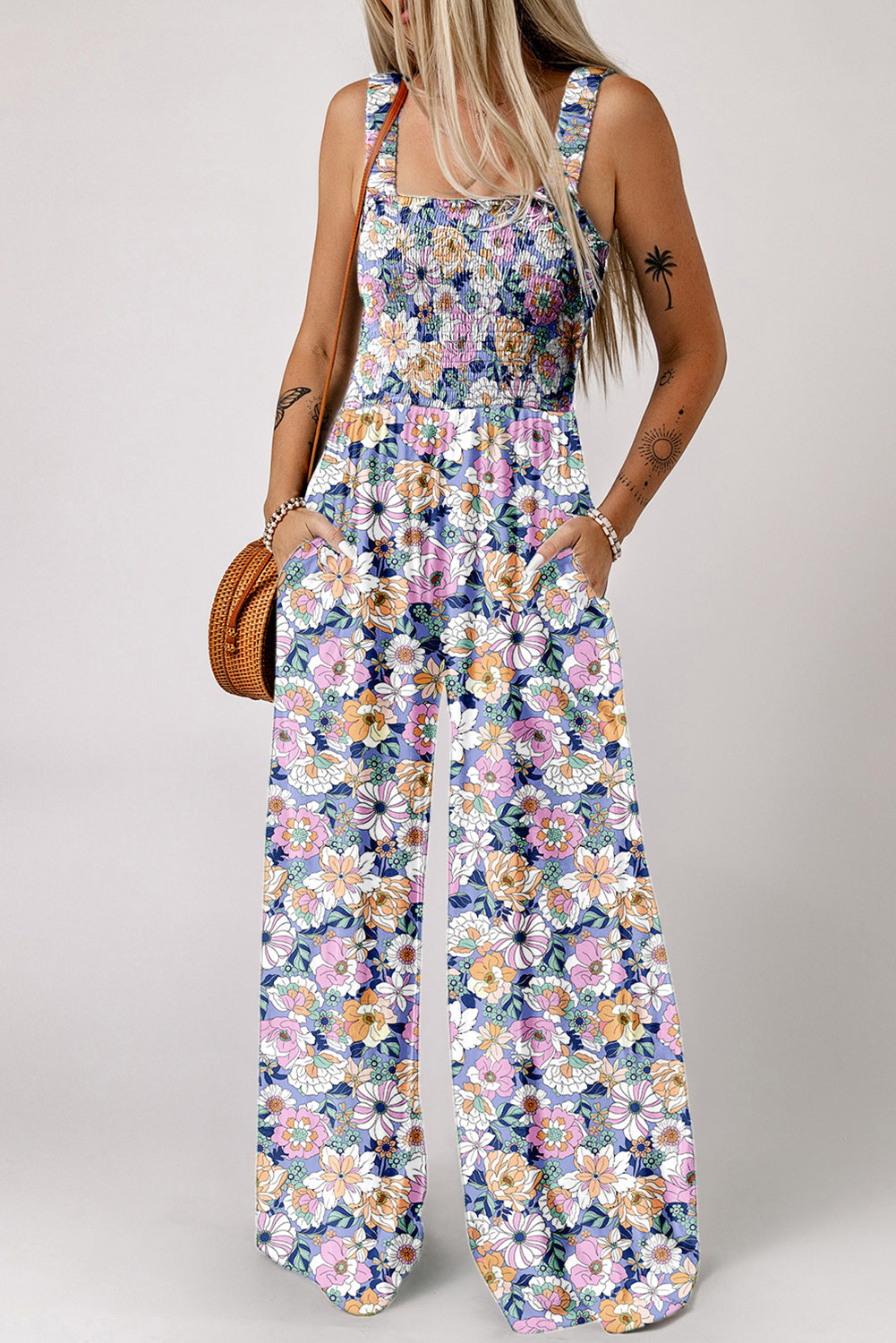 Purple Floral Square Neckline Stretch High Waist Jumpsuit - HieuLuxe