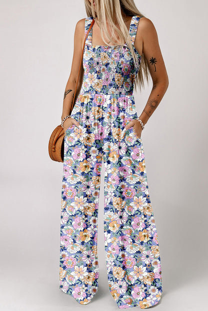 Purple Floral Square Neckline Stretch High Waist Jumpsuit - HieuLuxe