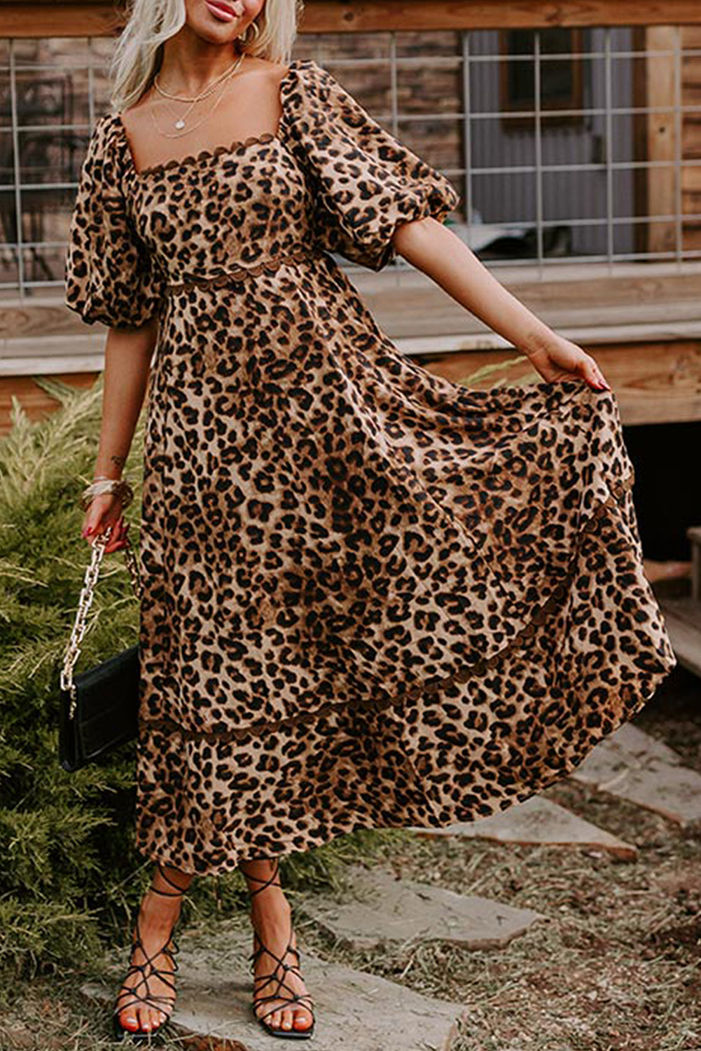 Brown Leopard Print Puff Sleeve Ricrac Maxi Dress - HieuLuxe