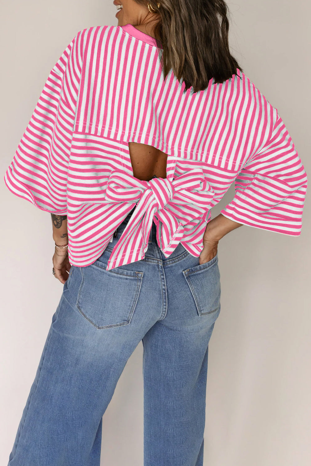 Pink Striped Bowknot Backless Drop Sleeve T-Shirt - HieuLuxe