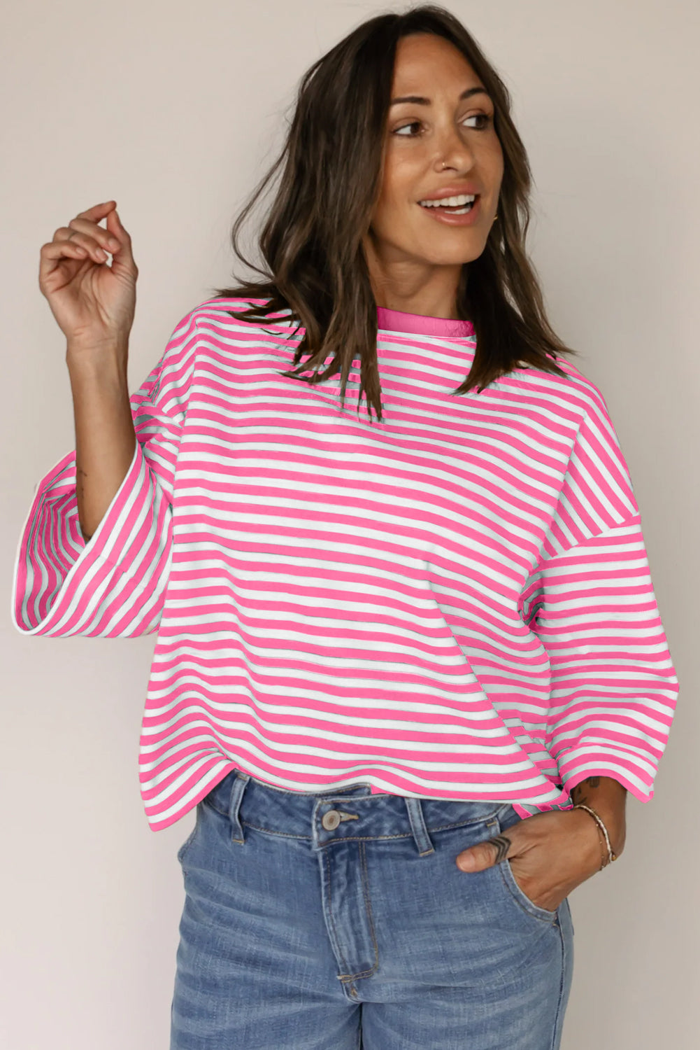 Pink Striped Bowknot Backless Drop Sleeve T-Shirt - HieuLuxe