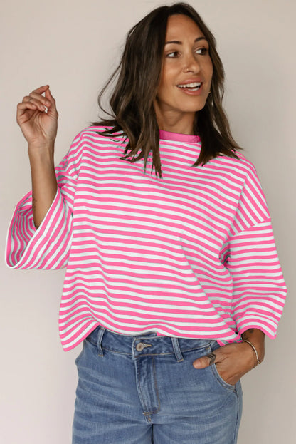 Pink Striped Bowknot Backless Drop Sleeve T-Shirt - HieuLuxe