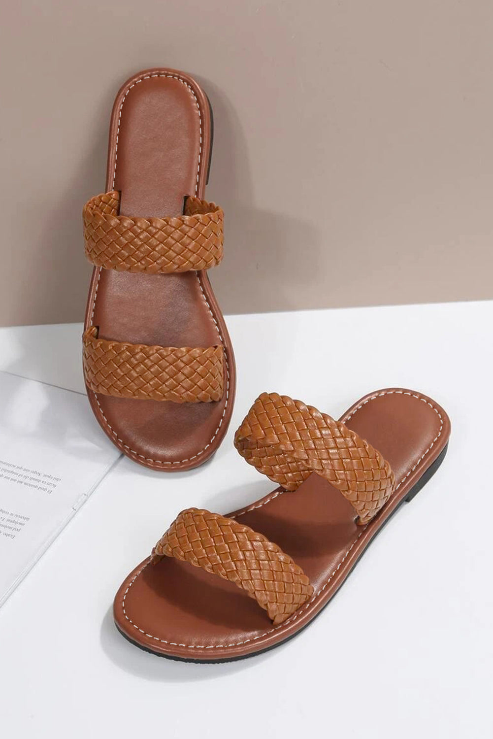 Chestnut Braided Double Band Leather Flat Slides Shoes - HieuLuxe