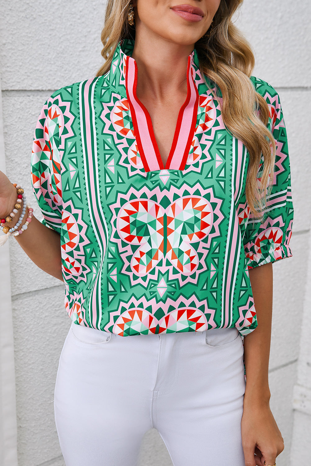 Sea Green Boho Geometric Print Pop of Color Neckline Blouse - HieuLuxe