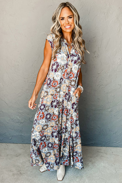 Sky Blue Floral Sleeveless Pocketed Wide Leg Jumpsuit - HieuLuxe
