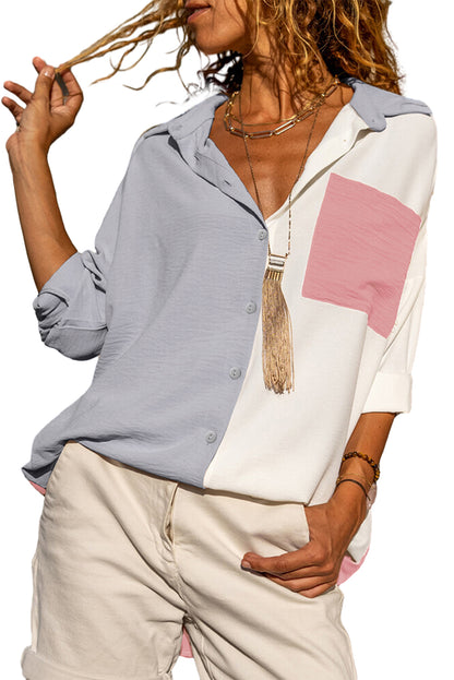 Gray Crinkle Colorblock Patchwork Pocket Half Sleeve Shirt - HieuLuxe