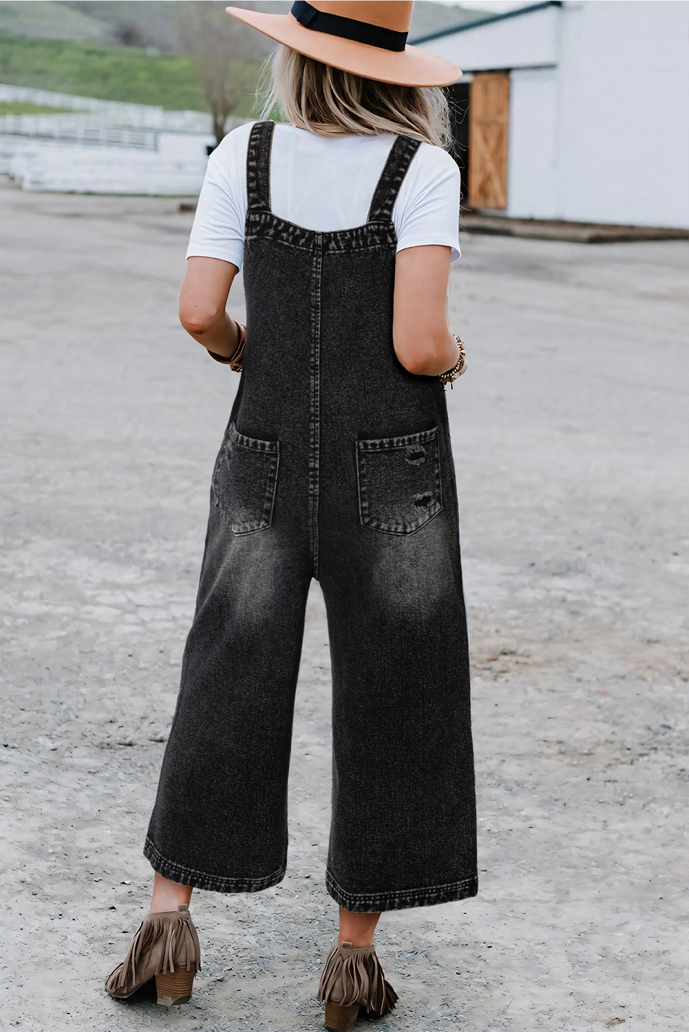 Black Distressed Bib Pocket Wide Leg Denim Overall - HieuLuxe