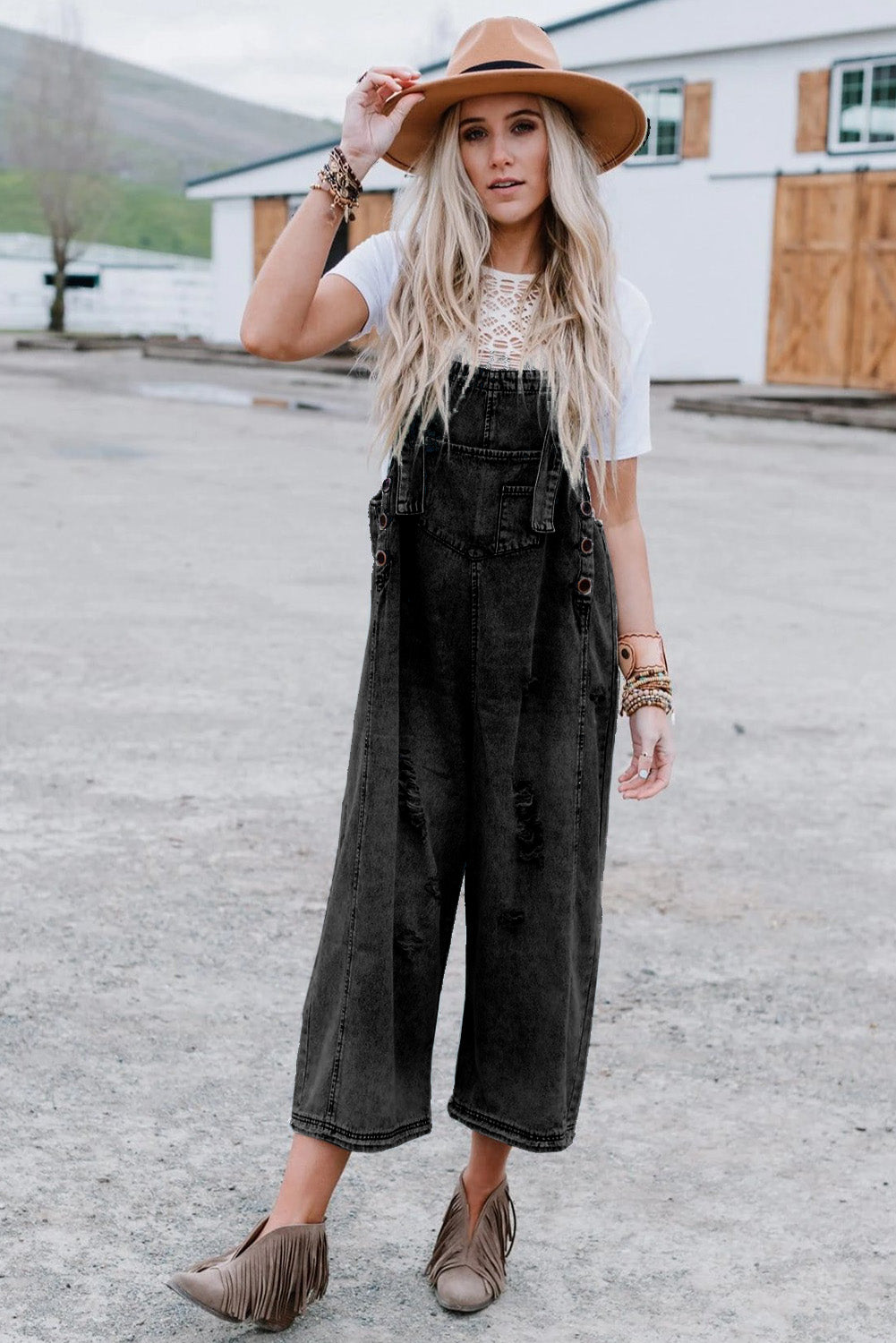 Black Distressed Bib Pocket Wide Leg Denim Overall - HieuLuxe