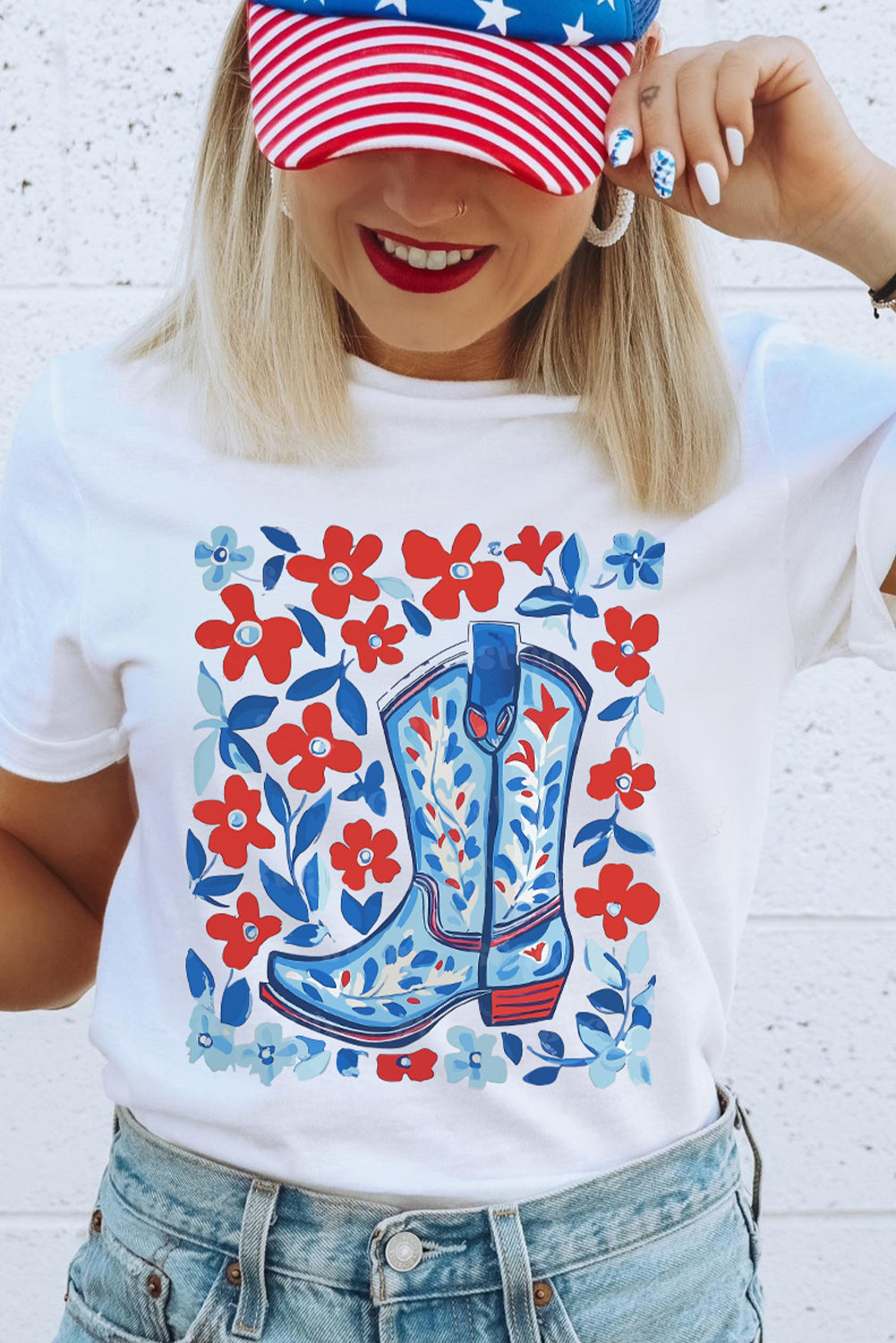 White Floral Western Boots Printed Cotton Blend T Shirt - HieuLuxe