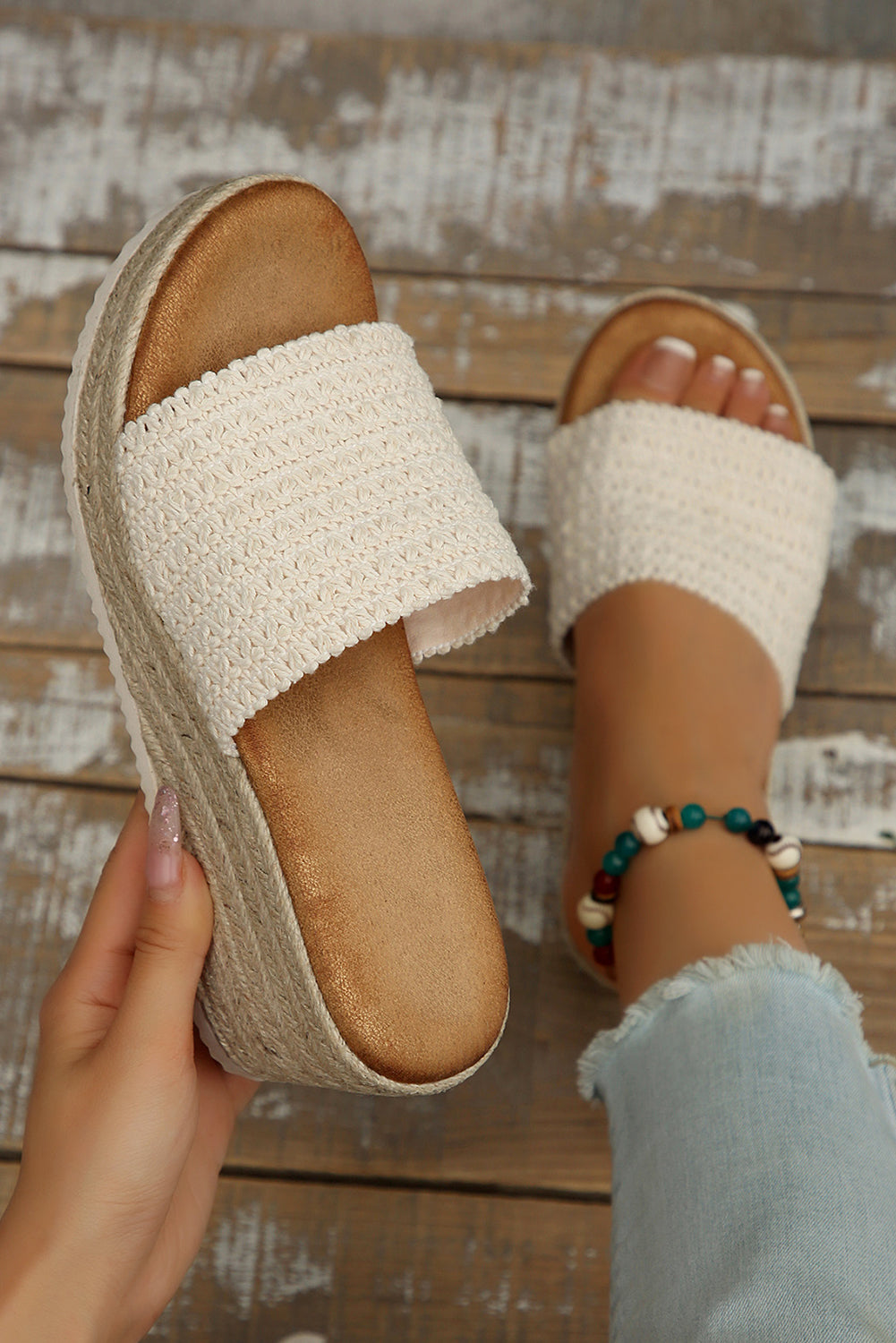 White Boho Woven One Band Wedge Slippers - HieuLuxe