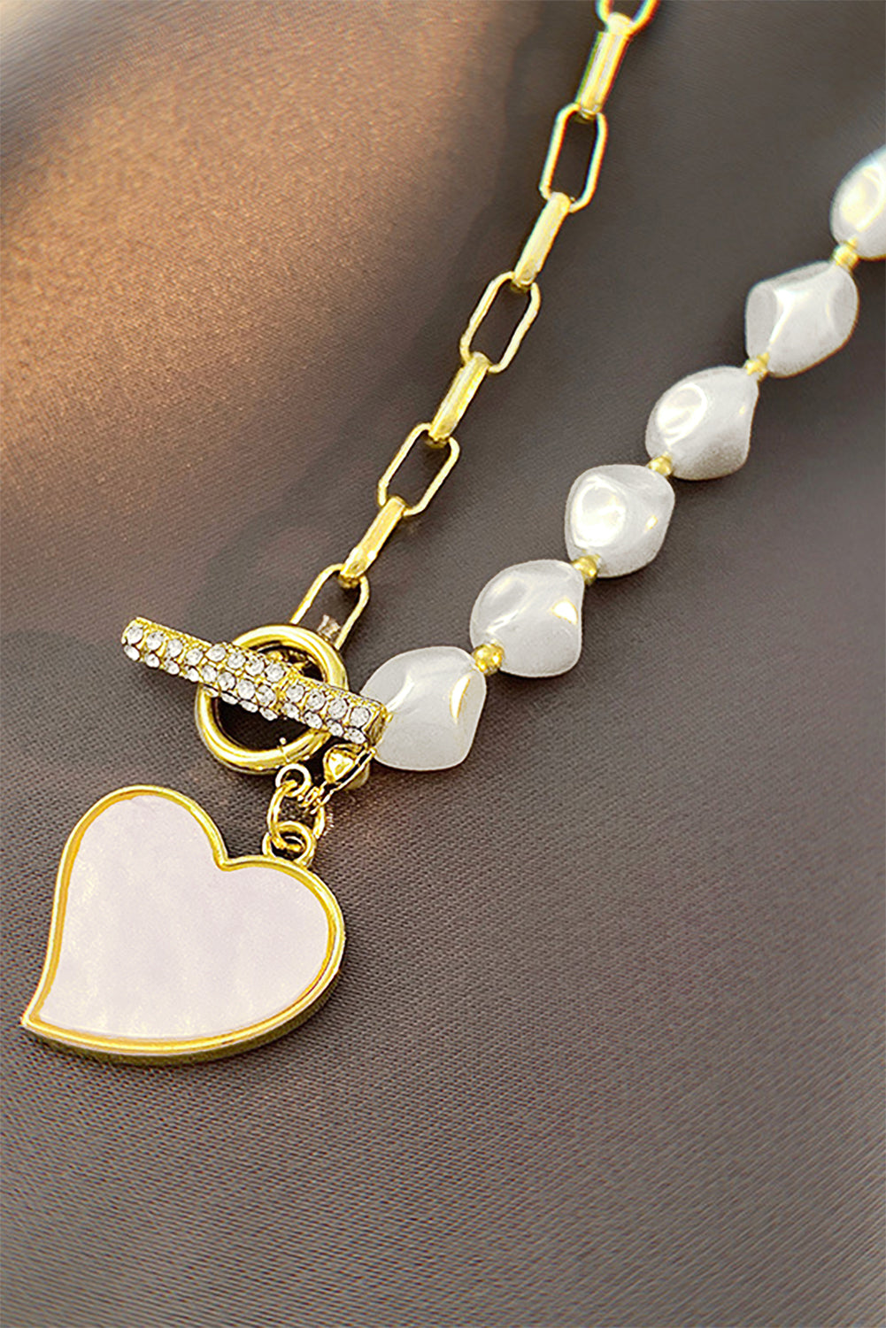 Gold Heart Shape Pendant Rhinestone Pearl Chain Necklace - HieuLuxe