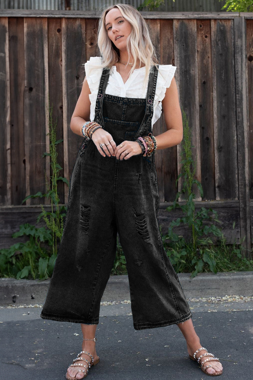 Black Distressed Bib Pocket Wide Leg Denim Overall - HieuLuxe