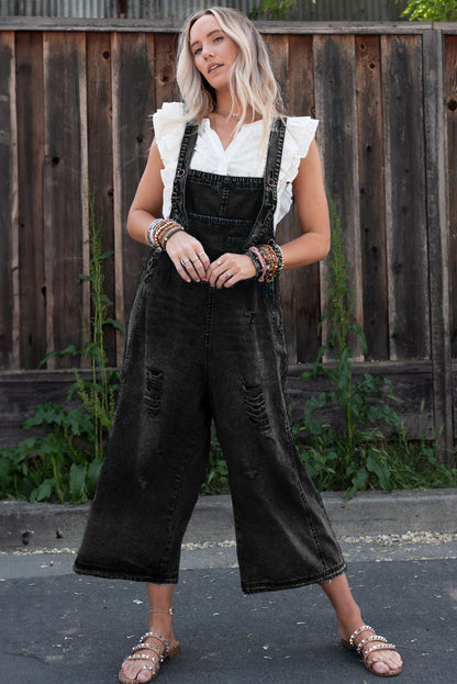 Black Distressed Bib Pocket Wide Leg Denim Overall - HieuLuxe